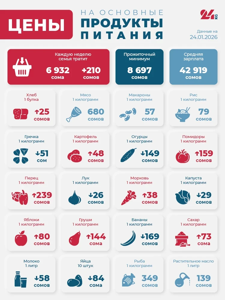 Продуктовая корзина Бишкека на 24 января. Что подорожало больше всего