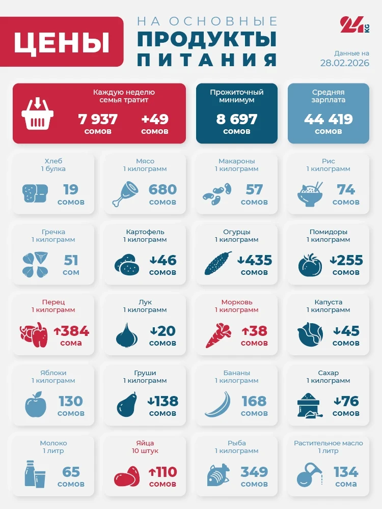 Продуктовая корзина Бишкека на 28 февраля. Насколько она подорожала за неделю